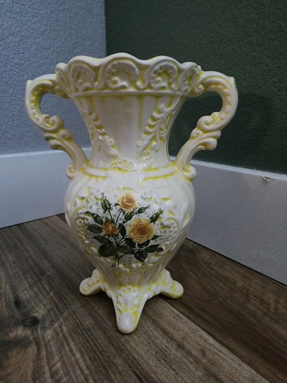 Vintage Yellow Rose Ceramic Double-Handled Urn Vase